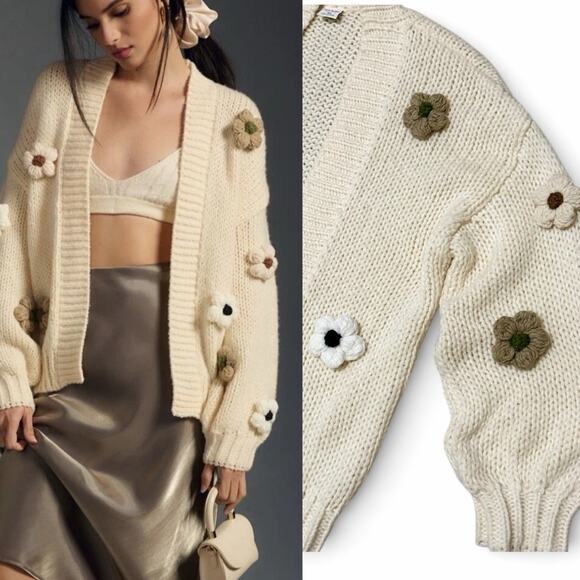 Anthropologie Sweaters - Anna & Ava 3D Flower Cardigan Sweater Chunky Knit Oversized Boho